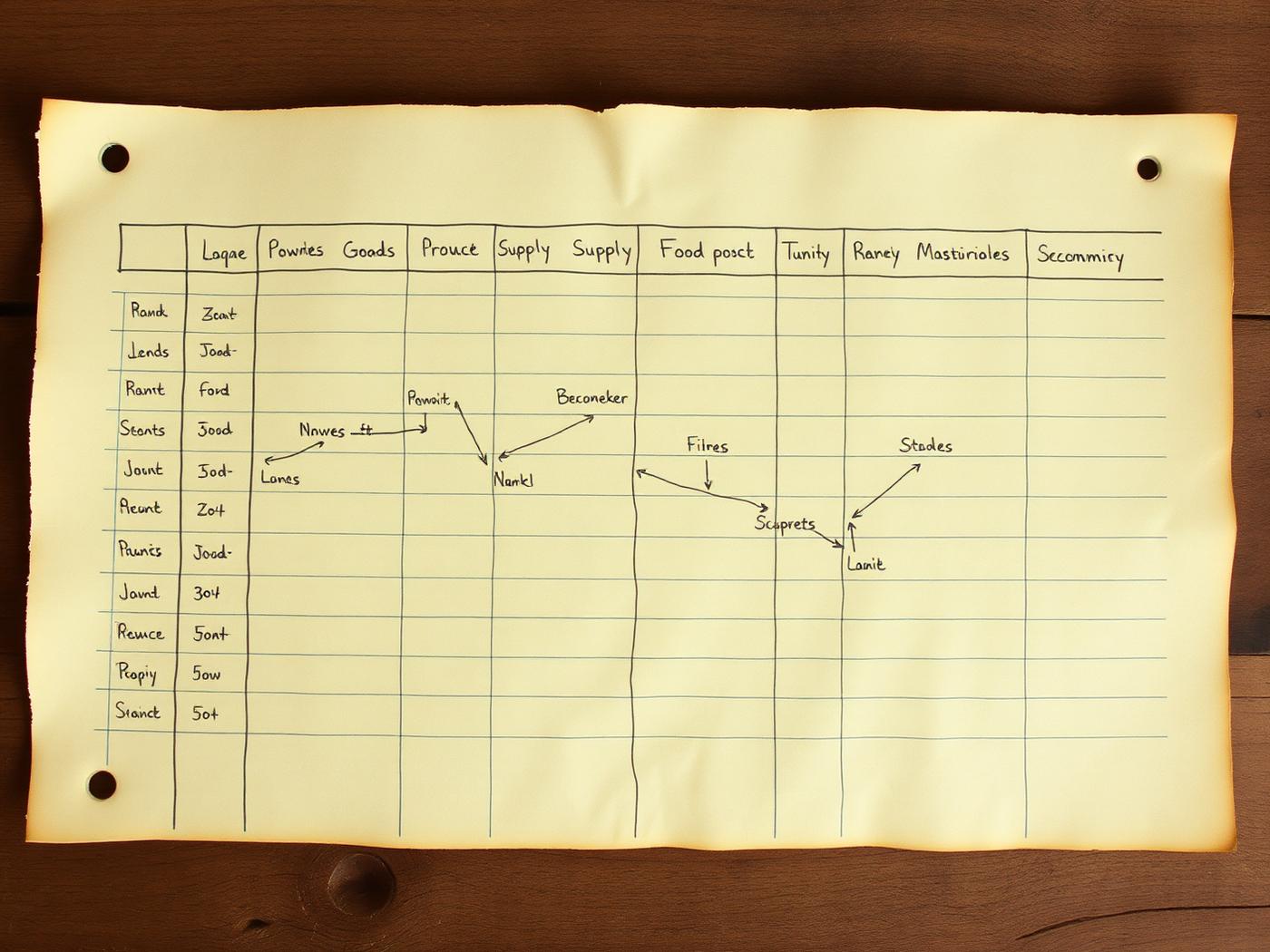 Hand-drawn ledger of food supply chain nodes on aged paper.