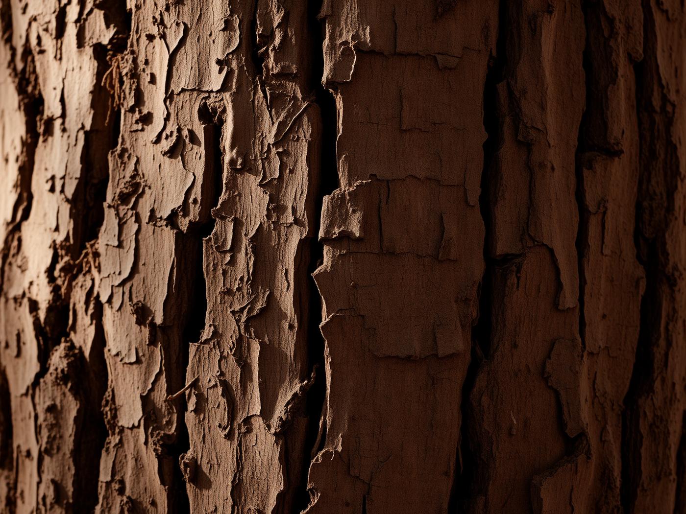 Close-up of sandalwood tree bark in soft natural light.